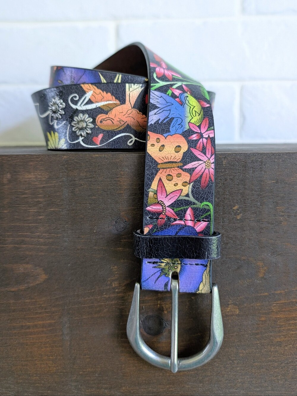 Cobalt Genuine Leather Vivid Painted Black Belt Flowers Bird Small